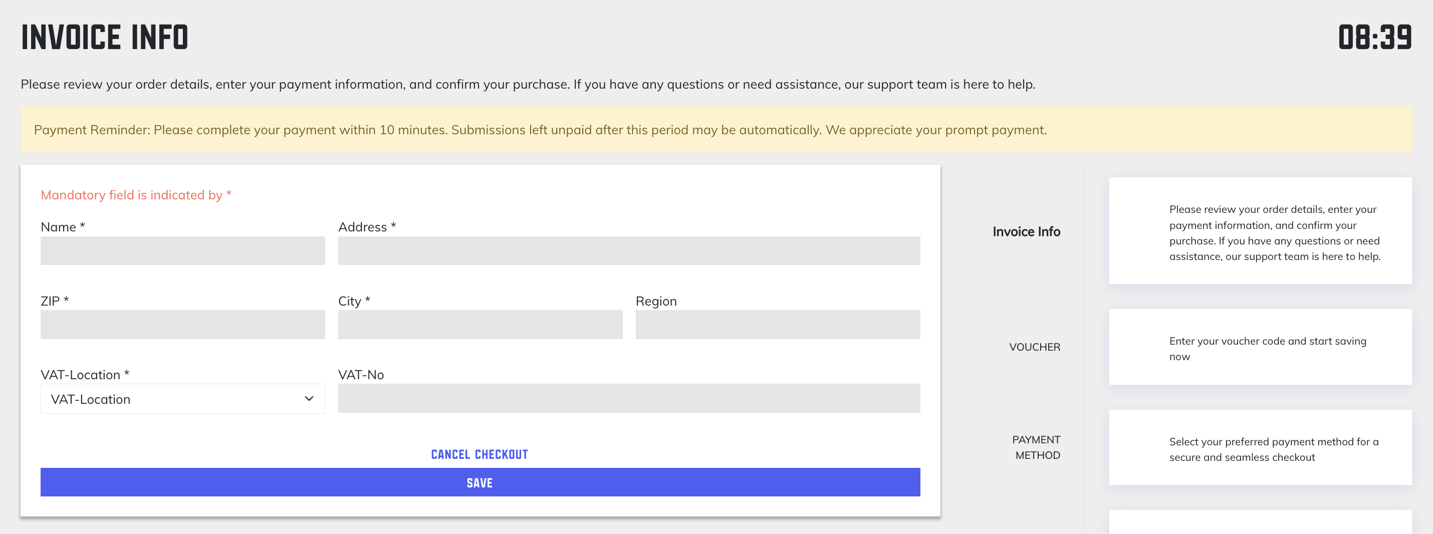 Invoice information form with required fields and timer