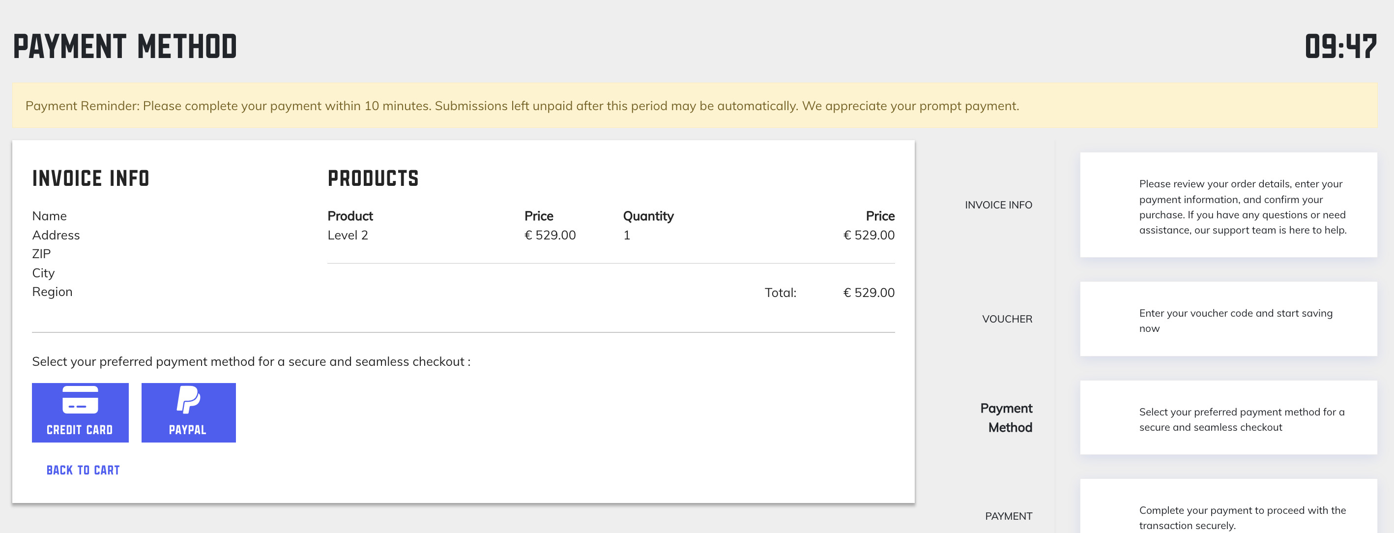 Payment method selection screen showing credit card and PayPal options