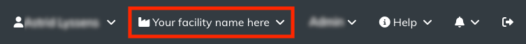 Top navigation bar showing facility selector button in center