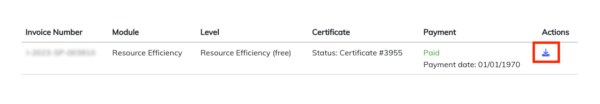 Invoice table showing download icon in Actions column